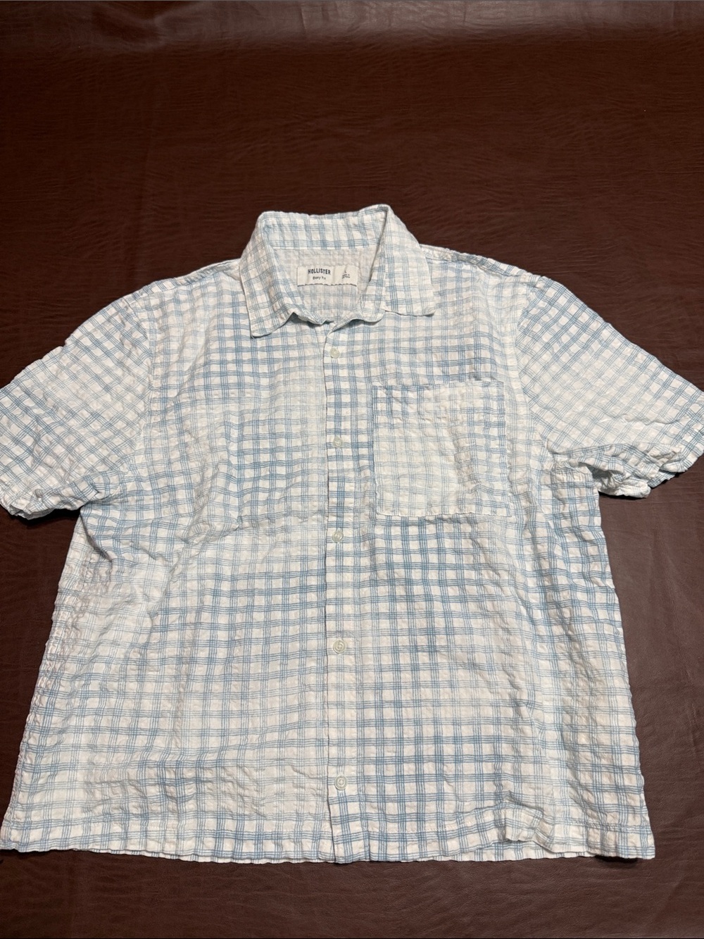 Hollister Light Blue & White Plaid Short Sleeve Button-Down Shirt